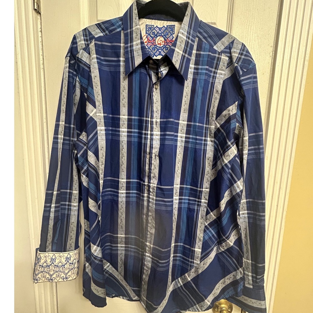 Robert Graham Mens XL Blue Plaid Jacquard Long Sleeve Button Down Shirt Silver